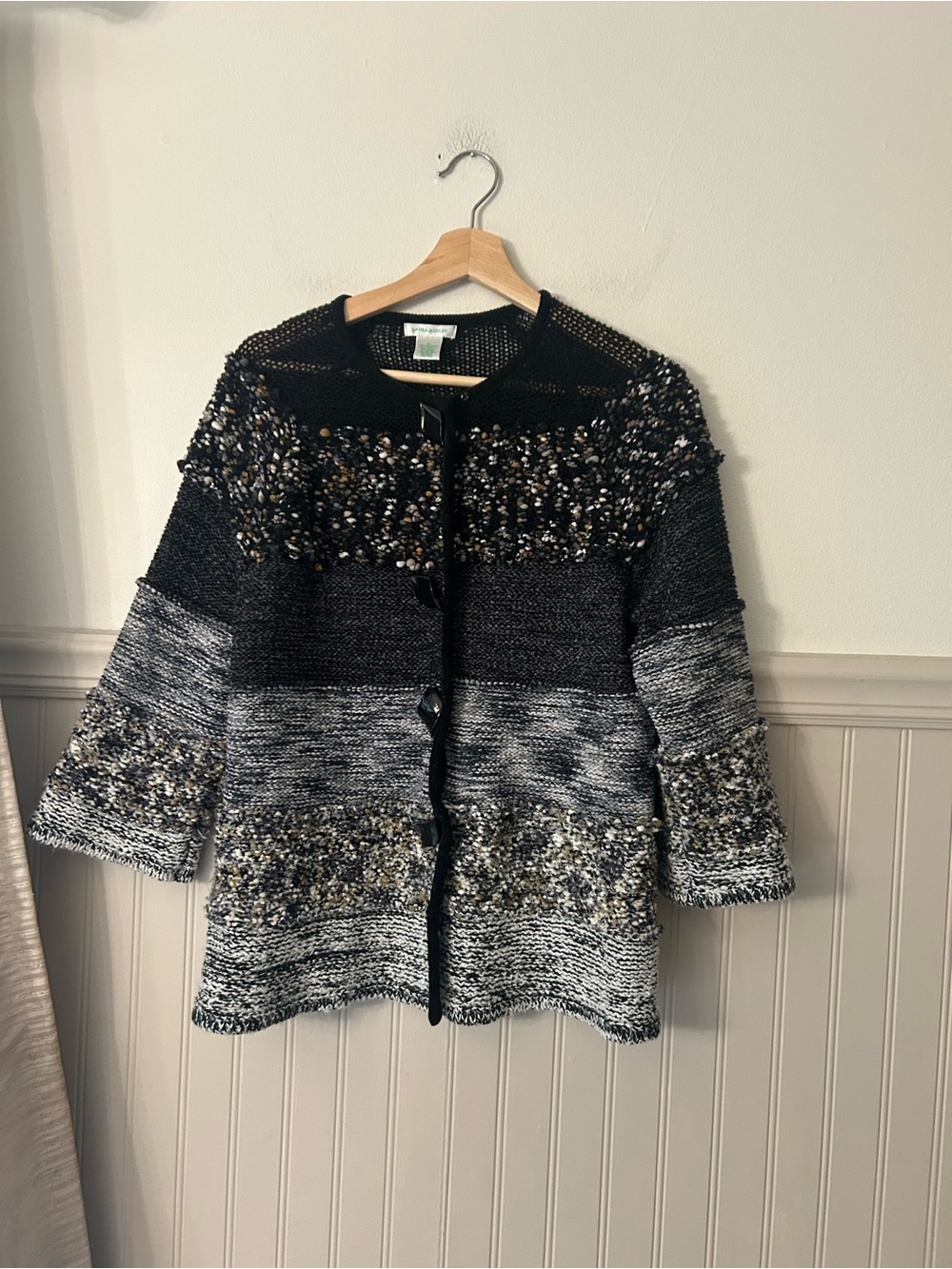 Vintage Laura Ashley Small Black Gray White Textured Knit Cardigan